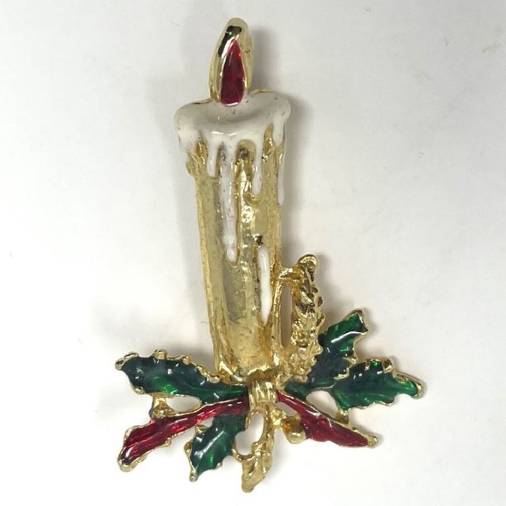 Vintage Gold Candle Brooch with Holly Leaves & Red Berries Christmas Holiday Pin